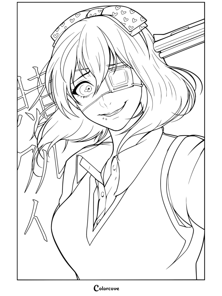 Coloriage Kakegurui à imprimer représentant Midari Ikishima souriant follement avec un cache-œil et une arme posée sur son épaule