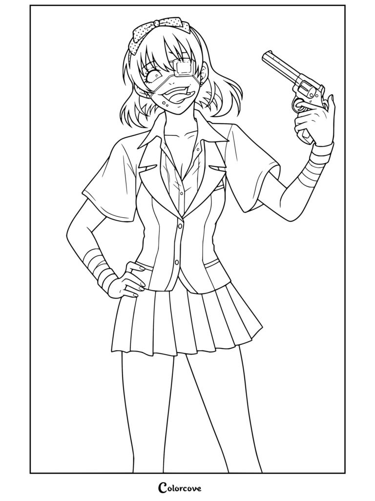 Coloriage de Midari Ikishima de Kakegurui, la montrant avec un cache-œil, un bandeau et tenant un revolver dans une pose maniaque.