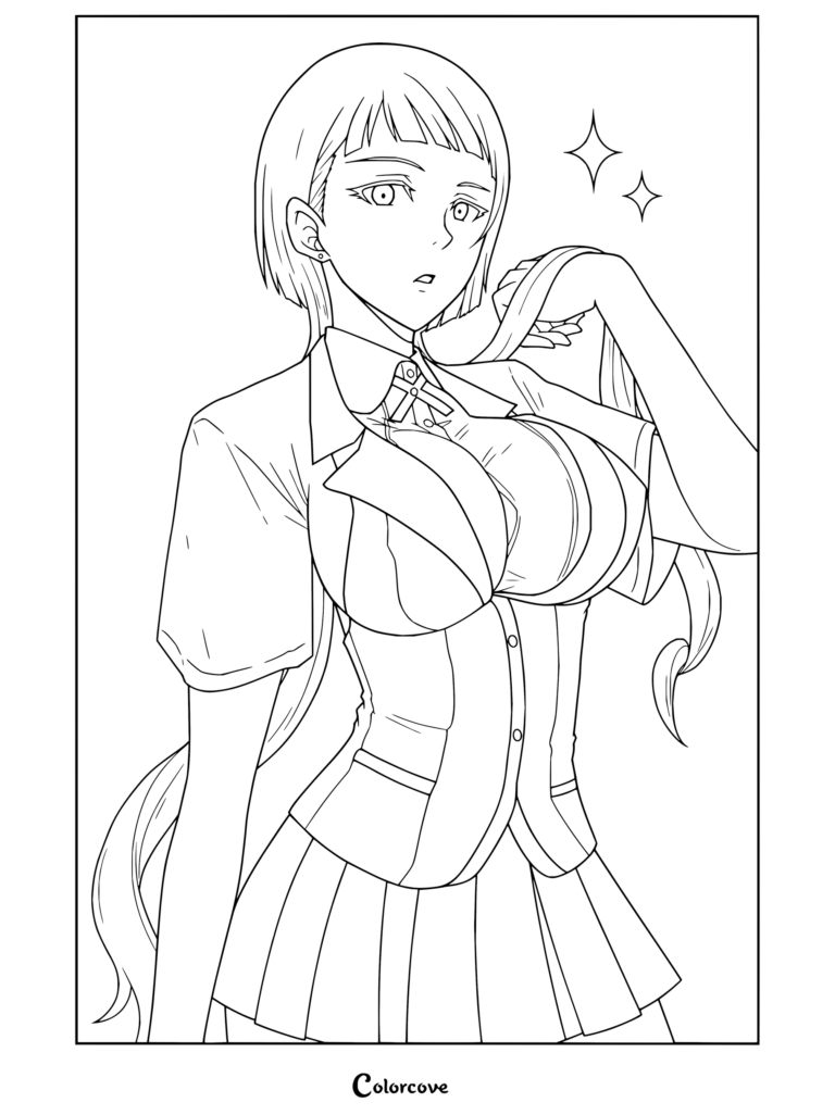 Coloriage de Miroslava Honebami mettant en scène le personnage de Kakegurui arrangeant ses cheveux dans son uniforme scolaire.