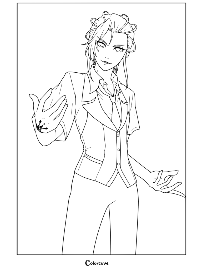 Coloriage Kakegurui gratuit à imprimer représentant Rei Batsubami dans un gilet et une cravate avec une main aux motifs particuliers.