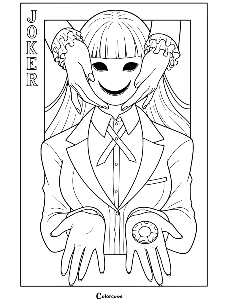 Coloriage gratuit de Kakegurui mettant en scène Ririka Momobami ou Kirari Momobami dans un style carte à jouer étiquetée JOKER avec un masque et un jeton de casino.