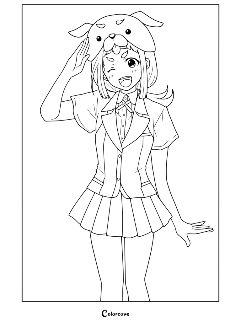 Inaho Yamato saluant en portant un chapeau de chien dans son coloriage d'uniforme Kakegurui pour les fans.