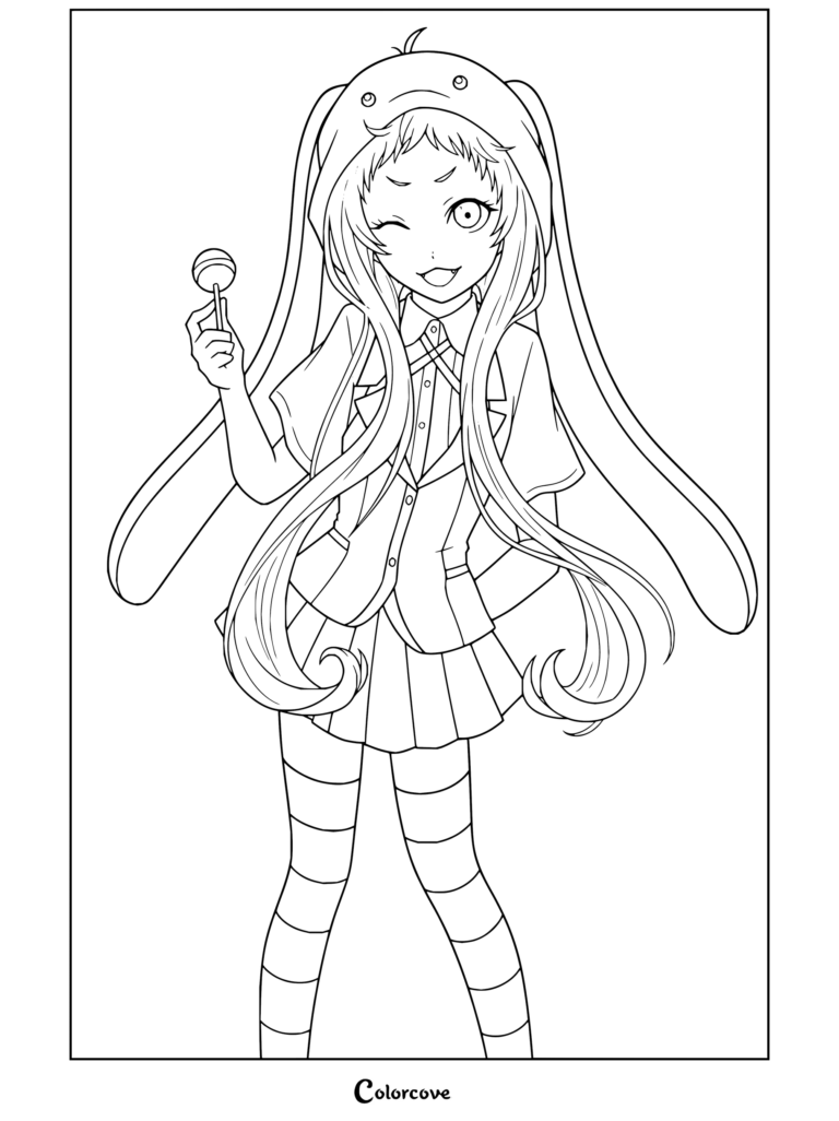 Coloriage de Runa Yomozuki tiré de Kakegurui, la représentant dans un sweat à capuche aux oreilles de lapin tenant une sucette.
