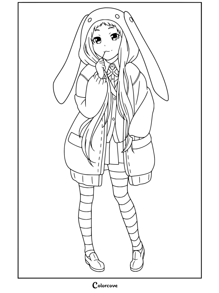 Runa Yomozuki mangeant une sucette tout en portant son sweat à capuche bunny iconique, coloriage Kakegurui.