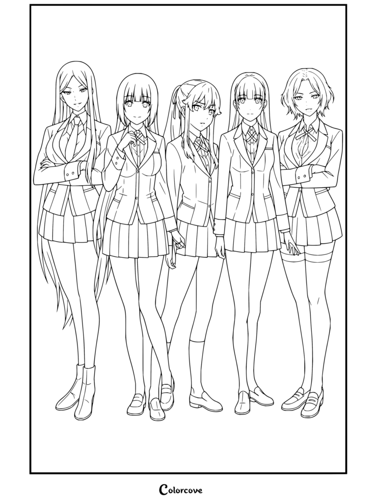 Coloriage de la fresque des tailles de Kakegurui représentant Sachiko, Yumeko, Mary, Ririka et Sakura debout ensemble dans leurs uniformes scolaires.