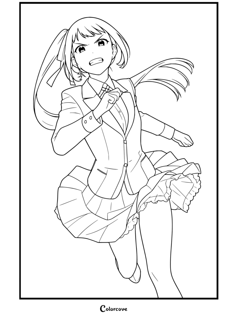Coloriage Kakegurui à imprimer de Sayaka Igarashi courant de manière dynamique dans son uniforme scolaire de l'Académie Privée Hyakkaou.