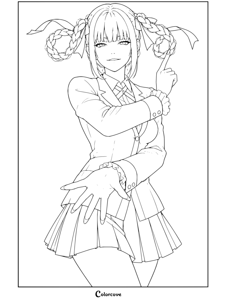 Coloriage Kirari Momobami de Kakegurui à imprimer représentant le personnage posant avec des cheveux tressés et son uniforme scolaire.