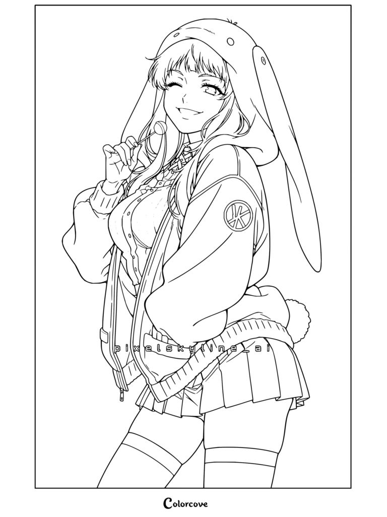 Coloriage de Runa Yomozuki de Kakegurui, représentée dans un style alternatif avec un sweat à capuche bunny et une sucette.