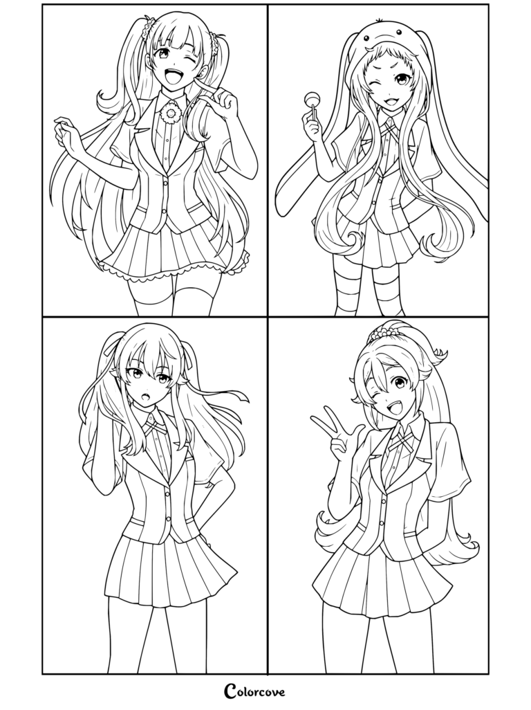 Coloriage à quatre quadrants représentant les personnages de Kakegurui Yumemi Yumemite, Runa Yomozuki, Mary Saotome et Yumi Totobami posant en uniformes scolaires.