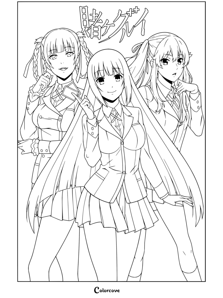 Coloriage Kakegurui à imprimer représentant Kirari Momobami, Yumeko Jabami et Mary Saotome posant ensemble dans leurs uniformes scolaires.