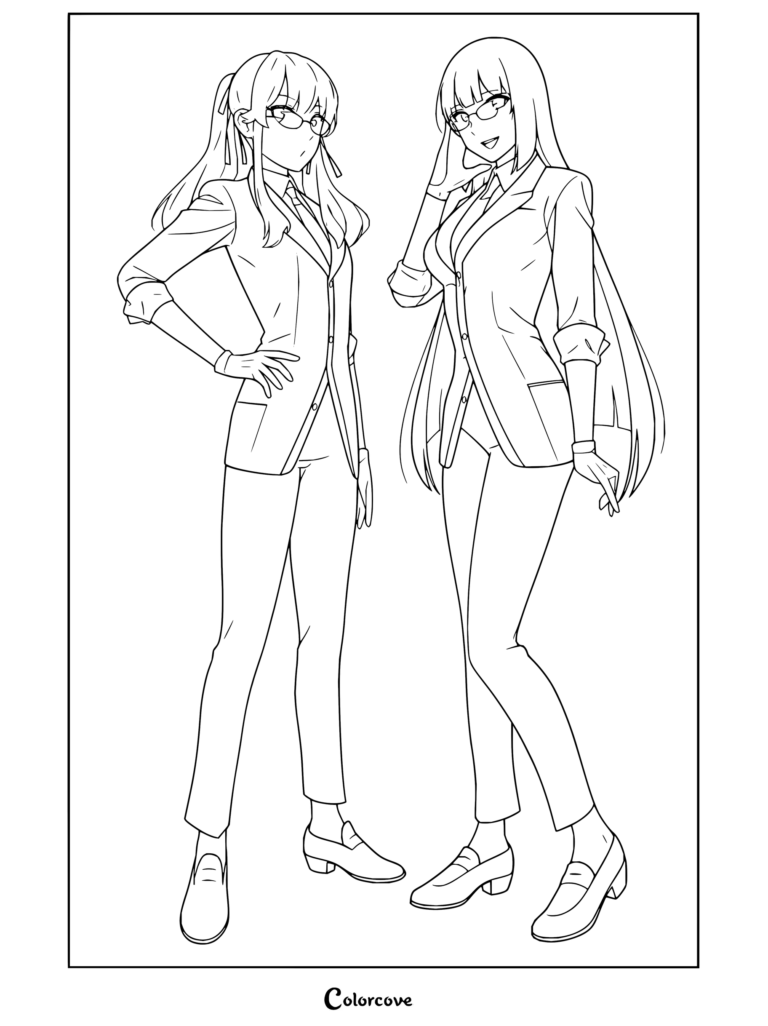 Coloriage Kakegurui à imprimer représentant Mary Saotome et Yumeko Jabami vêtues de costumes de style masculin issus de l'illustration promotionnelle du Blu-ray BOX 1.