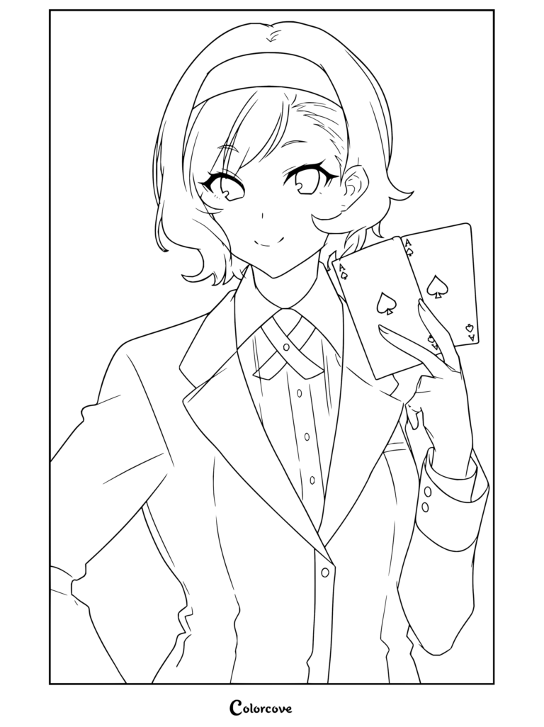 Coloriage Kakegurui représentant Itsuki Sumeragi tenant deux cartes à jouer as de pique dans son uniforme de blazer.