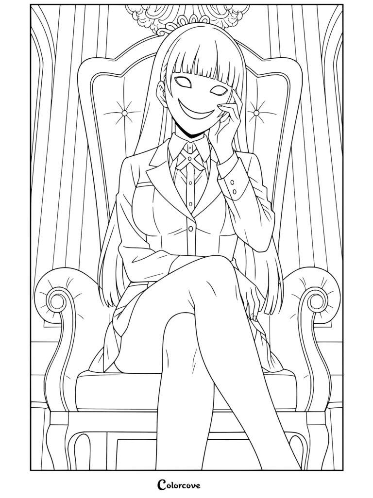 Coloriage à imprimer de Ririka Momobami, vice-présidente du conseil des élèves à l'Académie Privée Hyakkaou, portant son masque tout en étant assise sur un trône dans Kakegurui.