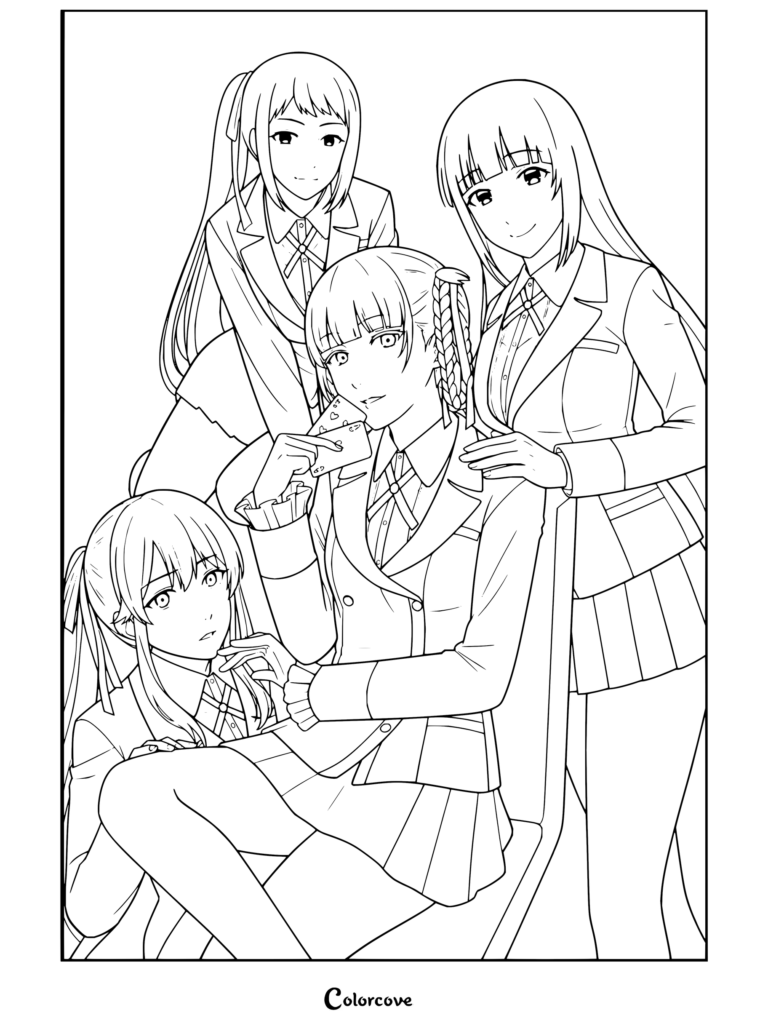 Coloriage Kakegurui à imprimer représentant Mary Saotome, Ririka Momobami et Yumeko Jabami réunies autour de Kirari Momobami qui tient des cartes à jouer.