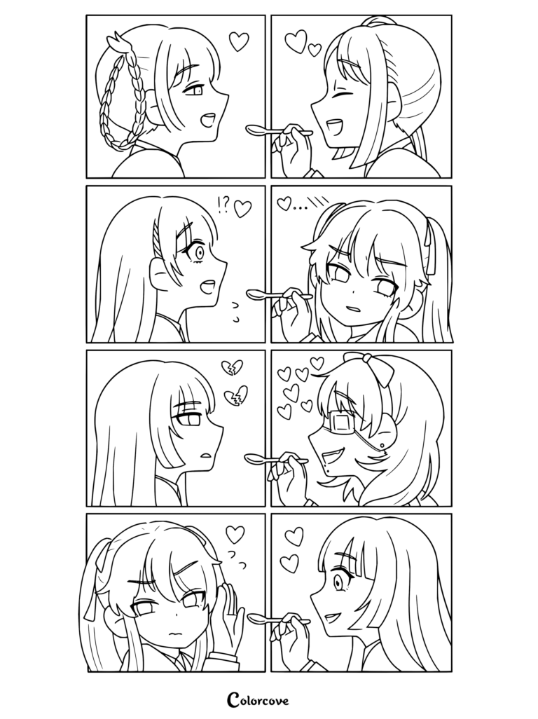 Coloriage Kakegurui présentant une bande dessinée à quatre panneaux sur le côté gauche avec des personnages se nourrissant mutuellement, aux côtés d'une grille d'illustrations connexes sur la droite.