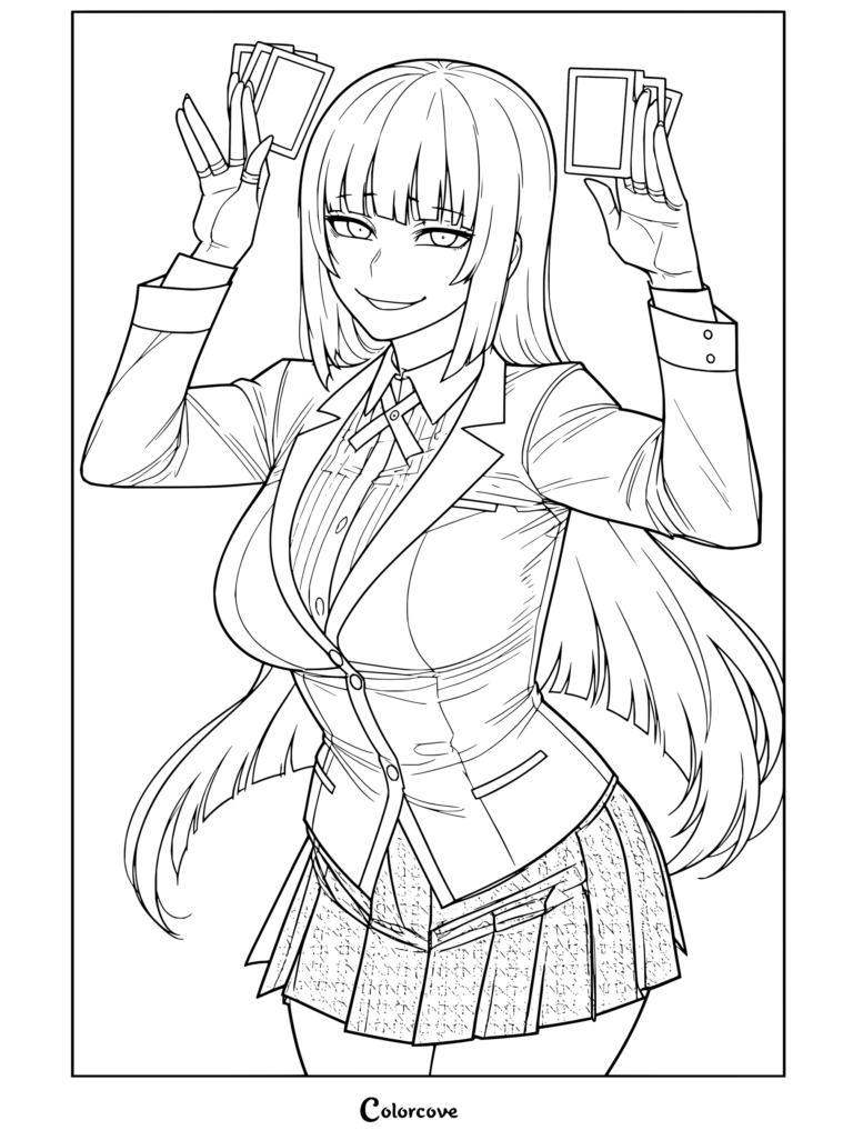 Coloriage à imprimer de Yumeko Jabami de Kakegurui tenant des cartes à jouer avec un sourire assuré