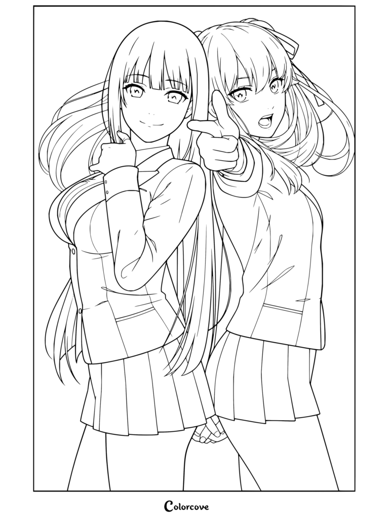 Coloriage Kakegurui représentant Yumeko Jabami et Mary Saotome posant ensemble dans les uniformes de l'Académie Privée Hyakkaou.
