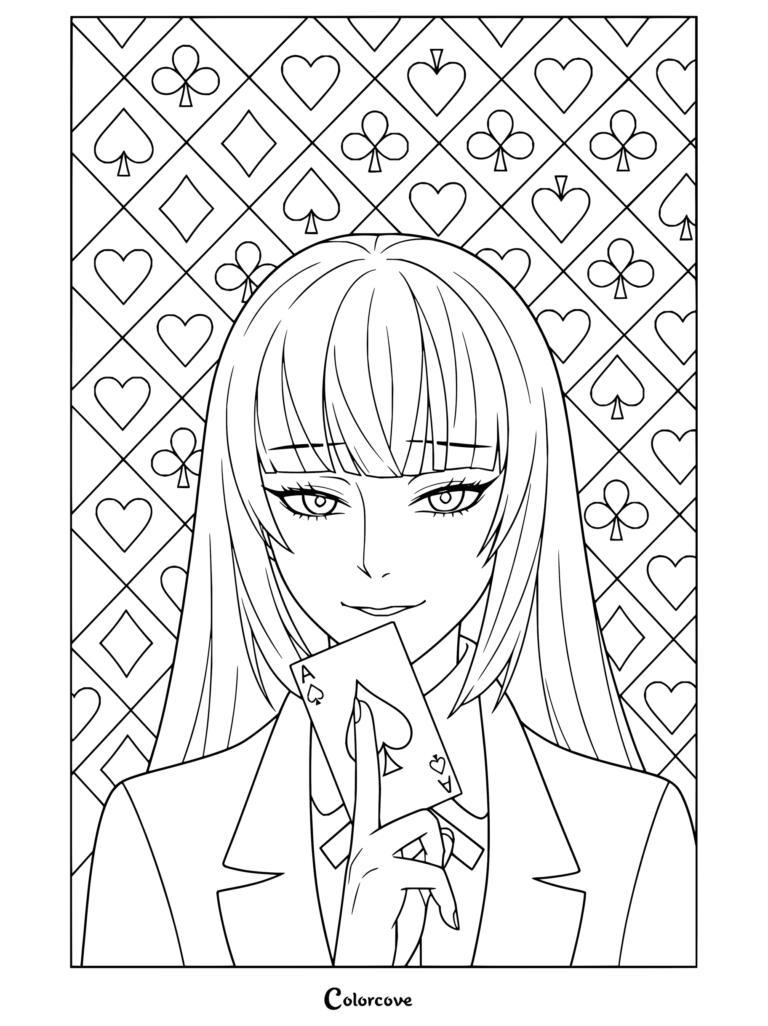 Yumeko Jabami tenant un as de pique tout en souriant dans ce coloriage Kakegurui.