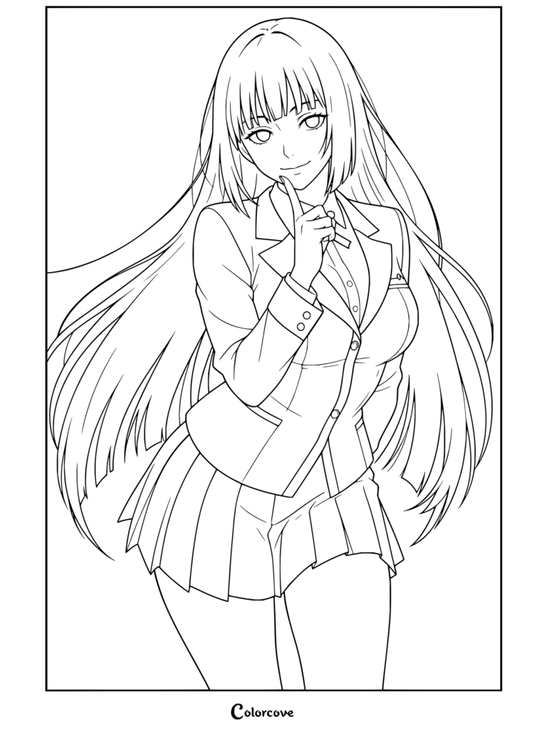 Coloriage de Yumeko Jabami de Kakegurui portant son doigt à ses lèvres dans un geste de silence, vêtue d'un blazer scolaire et d'une jupe plissée