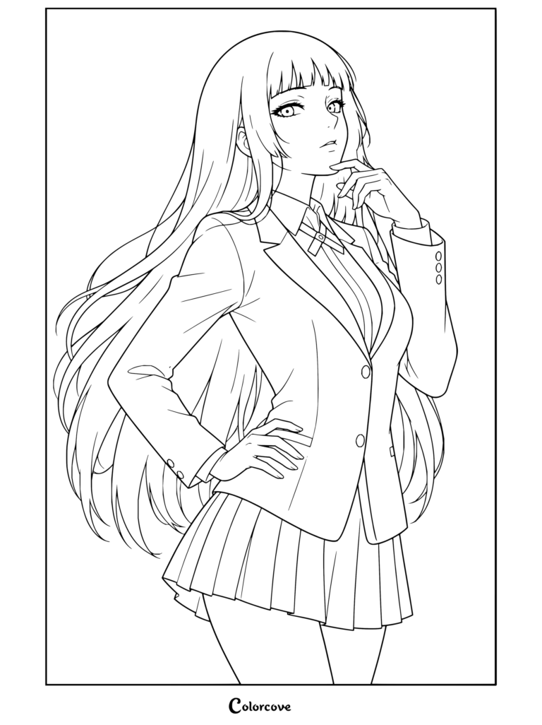 Coloriage de Yumeko Jabami se tenant avec assurance dans l'uniforme de l'Académie Privée Hyakkaou pour les fans de Kakegurui