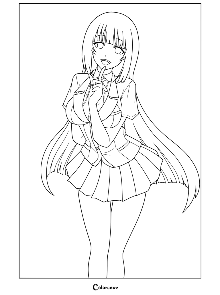 Coloriage à imprimer de Yumeko Jabami de Kakegurui debout, arborant un sourire narquois et pointant son doigt vers ses lèvres.