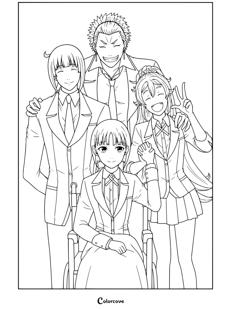 Coloriage des personnages de Kakegurui Rin Obami, Ibara Obami, Terano Totobami et Yumi Totobami souriant ensemble dans leur uniforme scolaire