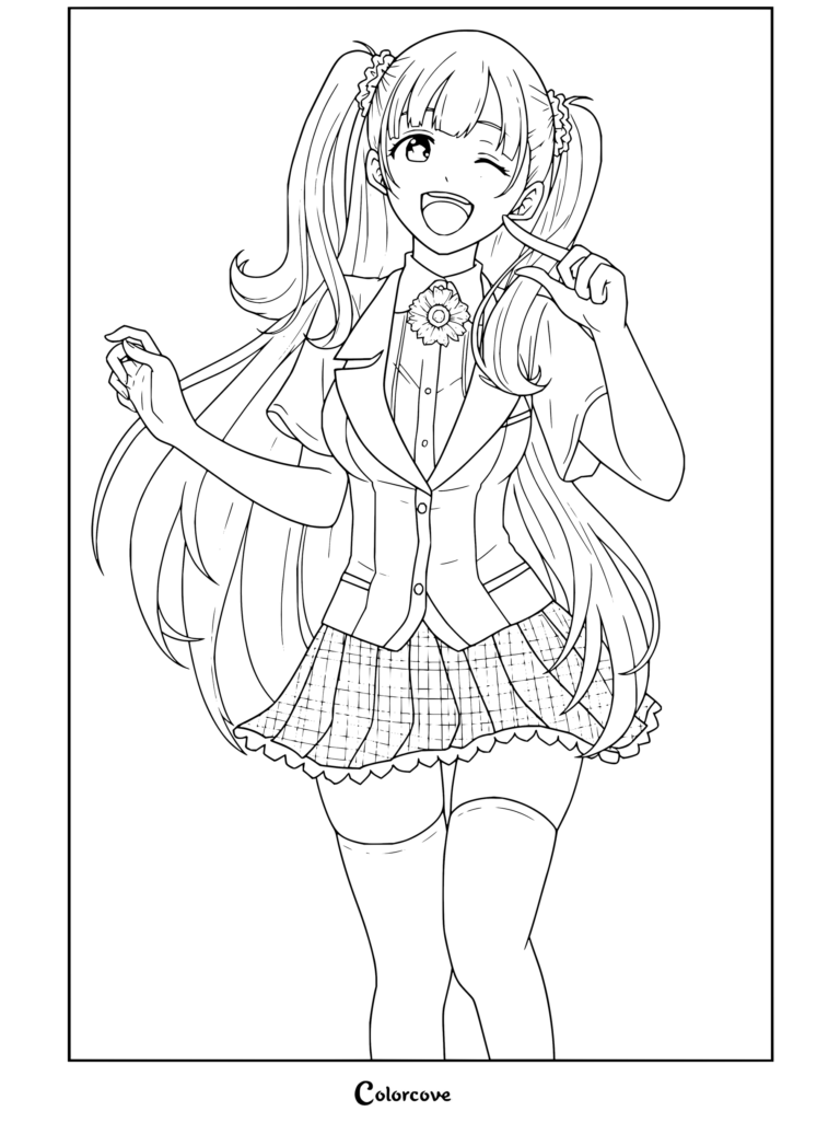Coloriage Kakegurui représentant Yumemi Yumemite avec des couettes de cheveux roses, souriant et faisant un clin d'œil dans sa tenue d'idole.
