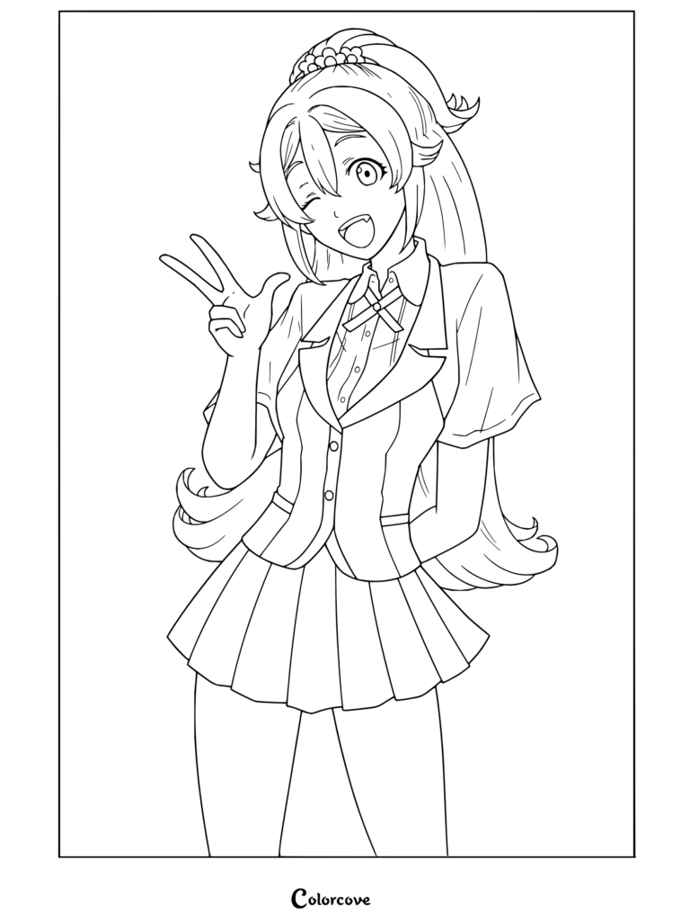 Coloriage de Yumi Totobami de Kakegurui la montrant en train de faire un clin d'œil joyeux et un signe de la paix.