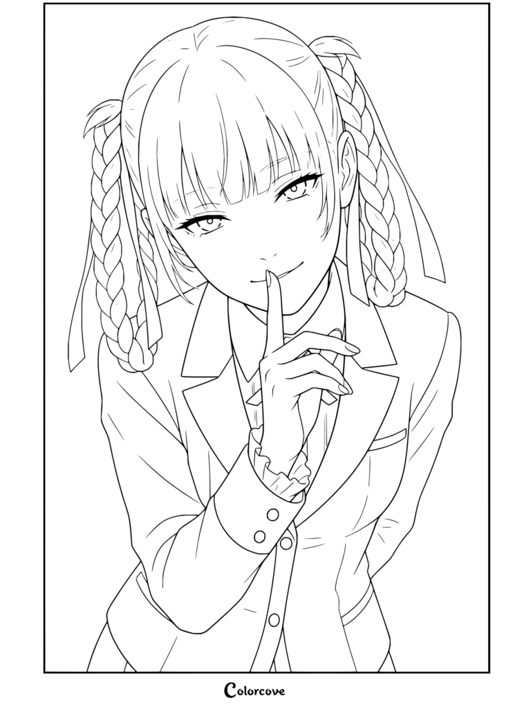 Coloriage gratuit à imprimer de Kirari Momobami de Kakegurui avec un doigt sur ses lèvres dans son blazer rouge.