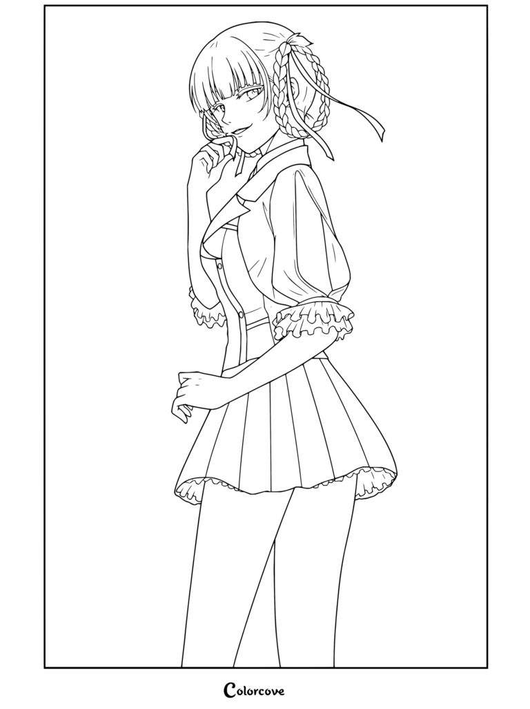 Coloriage à imprimer de Kirari Momobami souriant d'un air rusé dans son uniforme scolaire de Kakegurui
