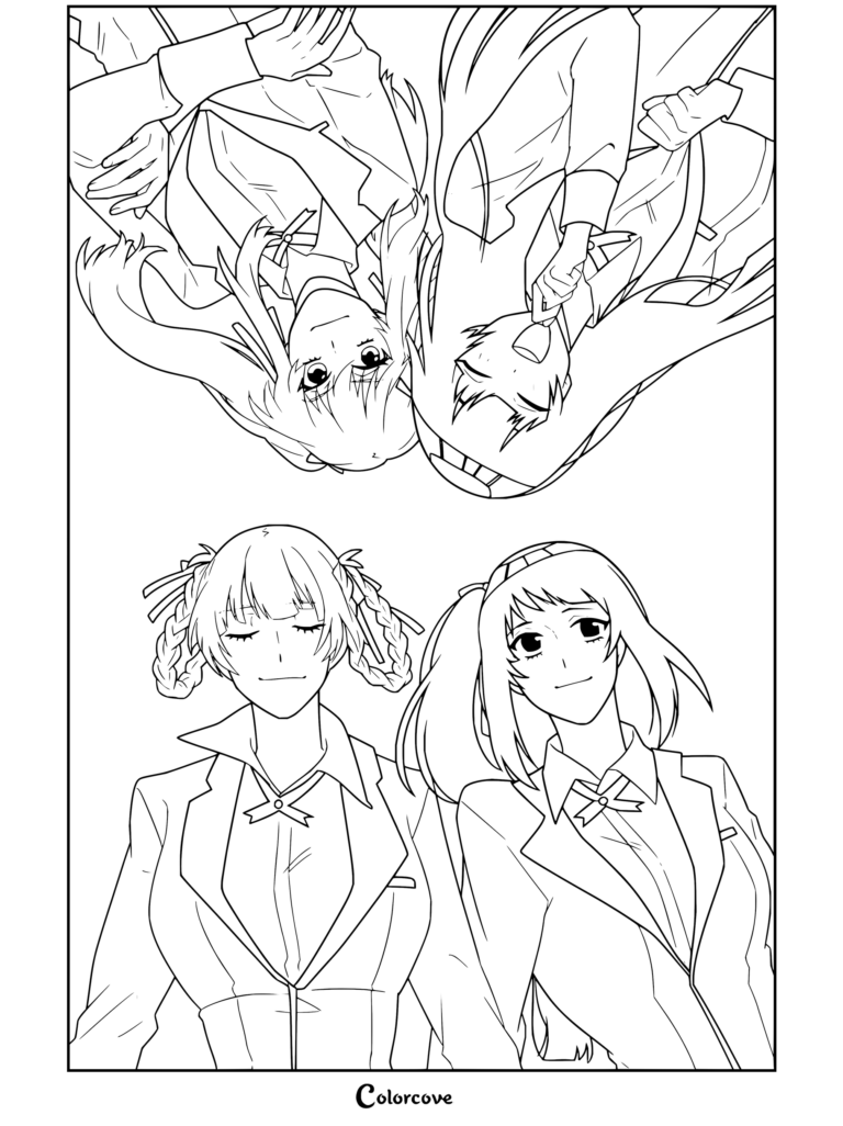 Coloriage Kakegurui représentant Mary Saotome avec Yumeko Jabami en haut, et Ririka Momobami aux côtés de Yumeko Jabami en bas.