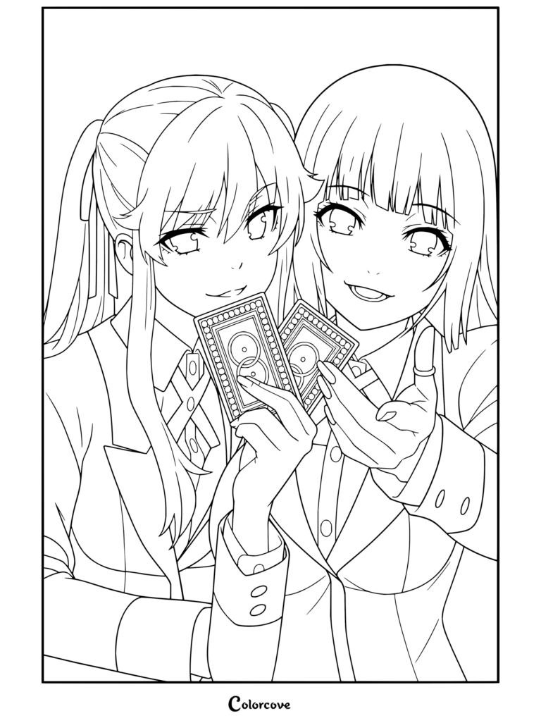 Coloriage à imprimer de Mary Saotome et Yumeko Jabami tenant des cartes à jouer tirées de Kakegurui.