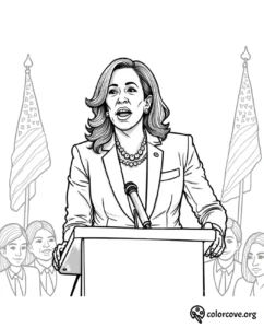 Coloring page of woman speaking at a podium with flags in the background, crowd of people listening.