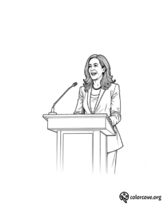 Coloring page of a woman giving a speech, standing at a podium, wearing a suit, with a microphone in front of her.