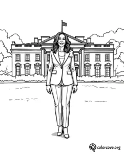 Coloring page of a woman in a suit standing in front of the White House. Download more at colorcove.org.