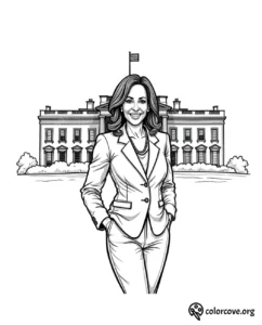 Coloring page featuring a professional woman in a suit standing in front of a prominent government building.