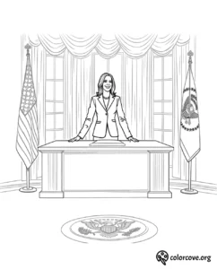 Coloring page of a woman standing confidently behind a desk in an official office with flags and a seal.