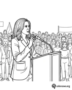 Person speaking at podium in front of large crowd - coloring page by Colorcove.org.