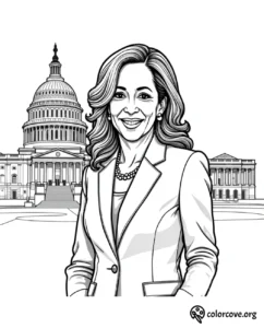 Black and white coloring page of a smiling woman in a blazer standing in front of the U.S. Capitol building.