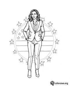 Coloring page of a woman in a suit standing with hands in pockets in front of a flag with stars.
