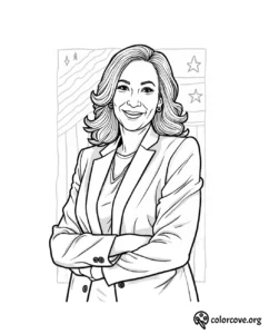 Coloring page of a confident woman in a suit with an American flag background, promoting empowerment and patriotism.