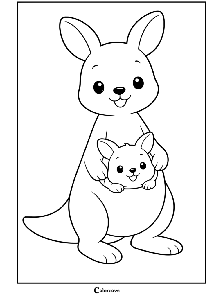 Tierno dibujo para colorear de una madre canguro con su sonriente cría de canguro en la bolsa con una encantadora temática de Canguro y Animales Australianos.