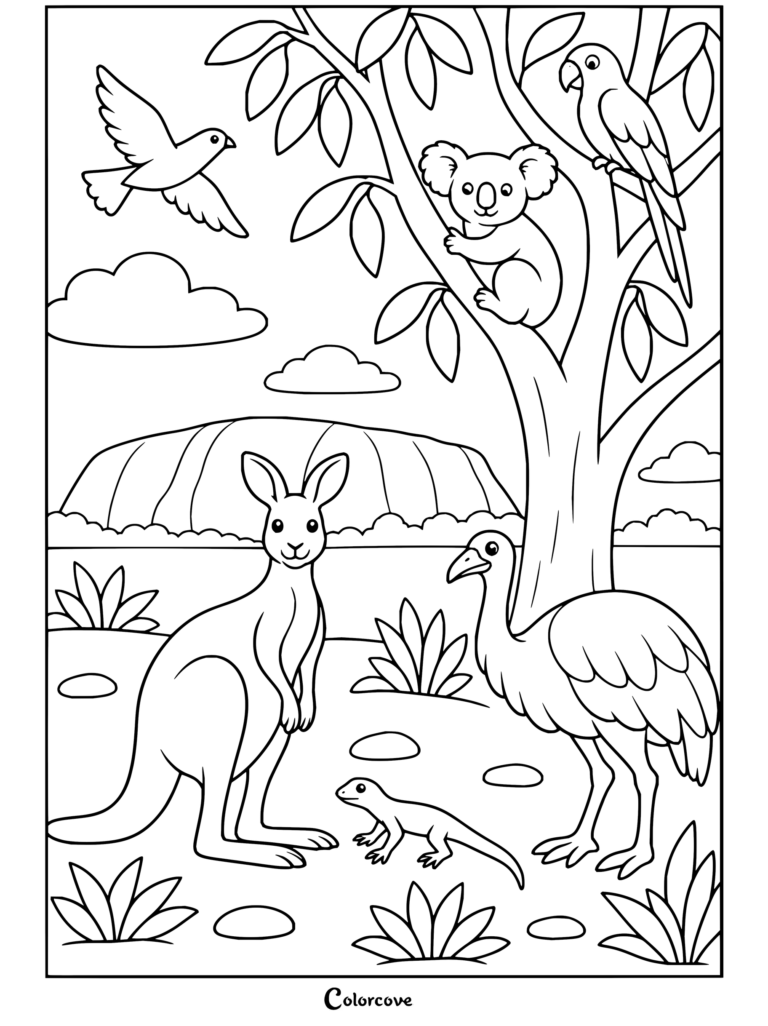 Dibujo para colorear de Canguro y Animales Australianos con un canguro, emú, koala, loro y lagarto en el Outback.