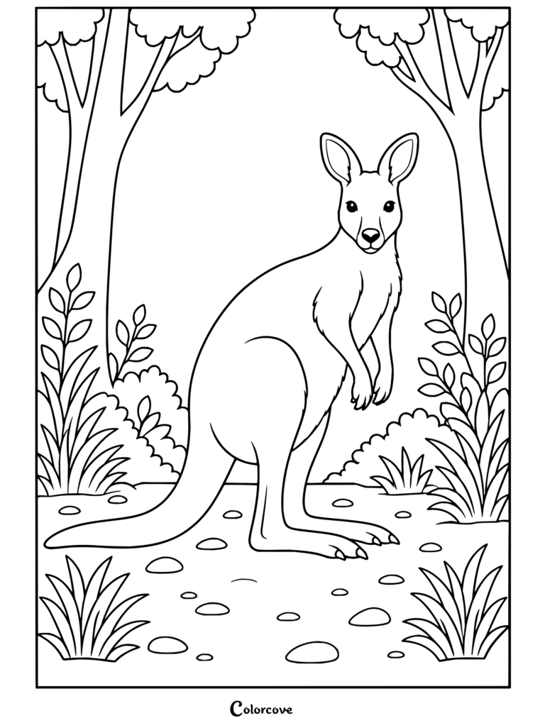 Dibujo para colorear de Canguro y Animales Australianos con un canguro de pie en un bosque del Outback con árboles y arbustos.