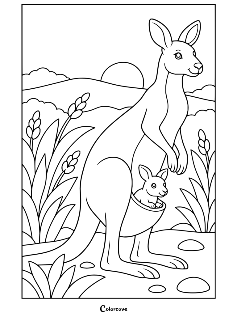 Dibujo para colorear de una madre canguro con una cría de canguro en su bolsa en el Outback australiano centrado en Canguro y Animales Australianos.