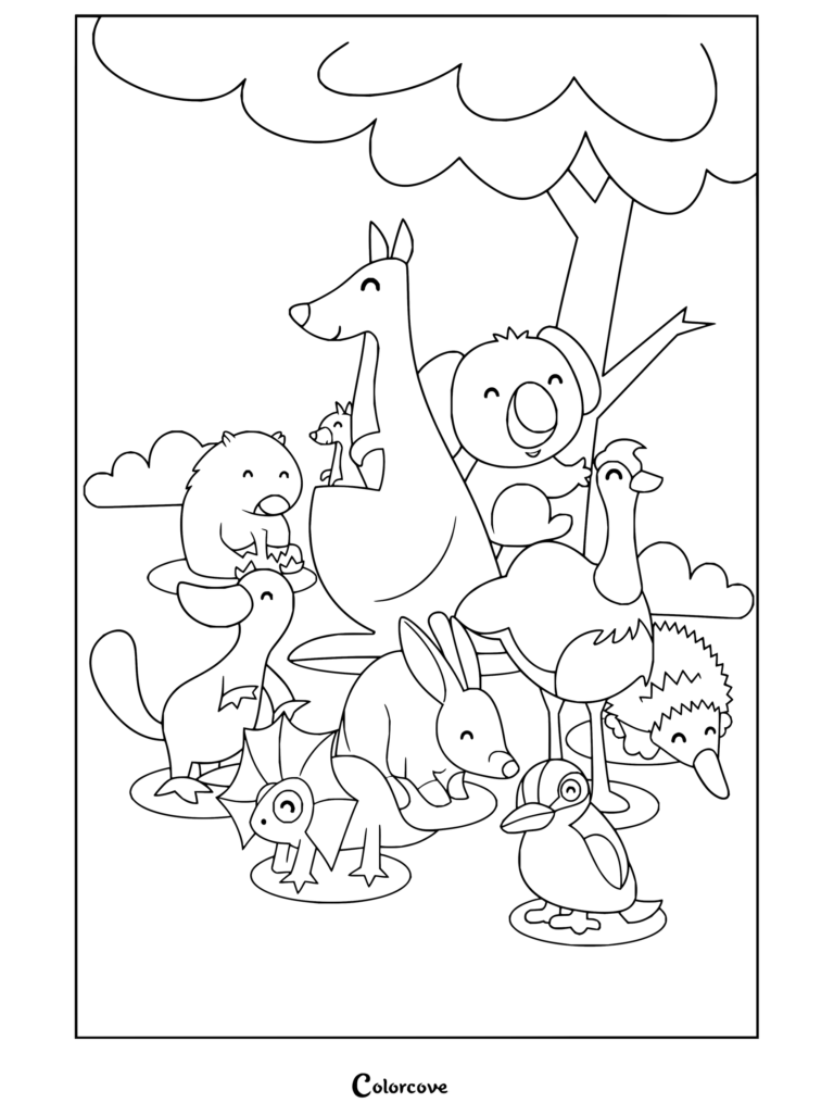 Dibujo para colorear de Canguro y Animales Australianos con un canguro y sus amigos.