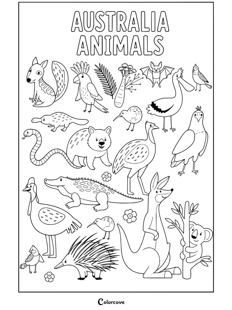 Dibujo para colorear de animales de Australia con un canguro, koala, ornitorrinco y otra fauna autóctona de Australia.