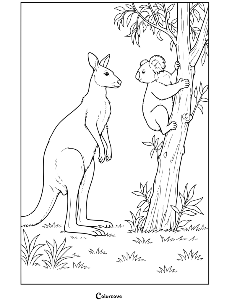 Dibujo para colorear de un canguro y un koala subiendo a un árbol en el Outback australiano con un canguro y un koala.