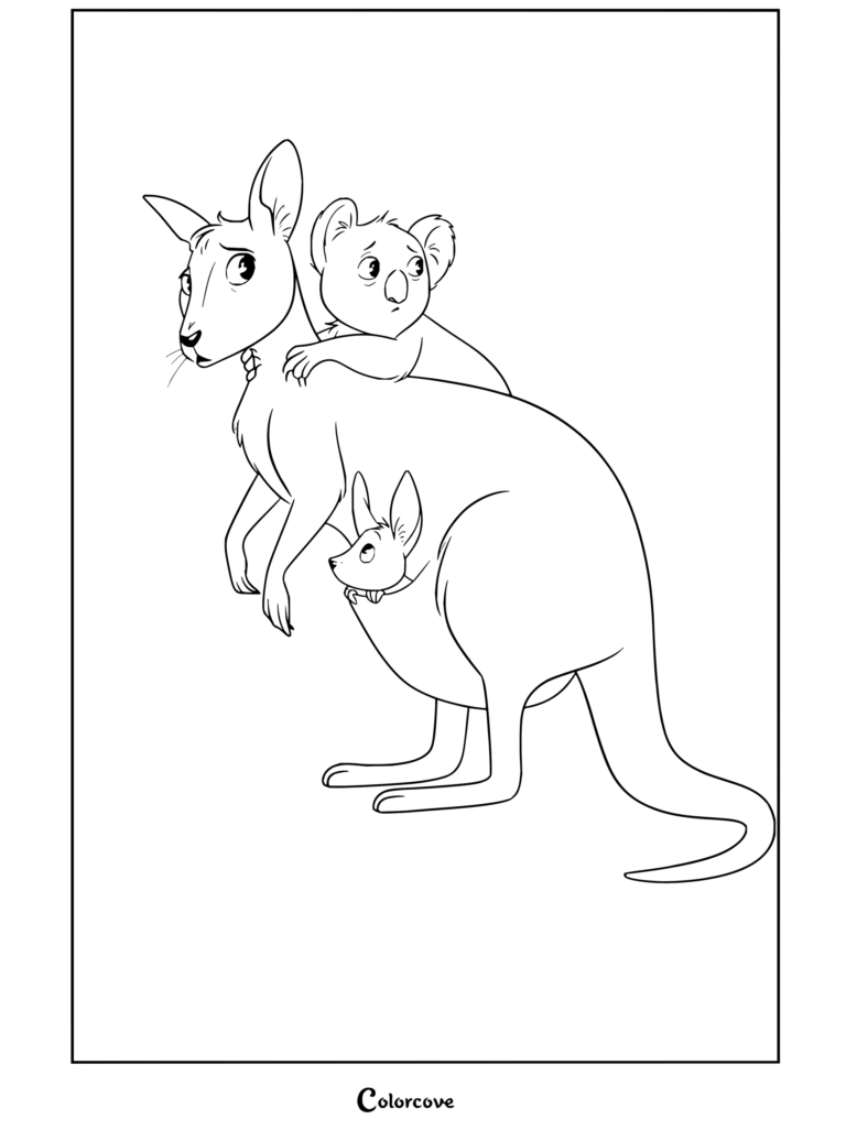 Dibujo para colorear imprimible de Canguro y Animales Australianos que muestra a un canguro llevando a una cría de canguro en su bolsa y a un koala en su lomo en una escena de rescate de incendios en Australia.