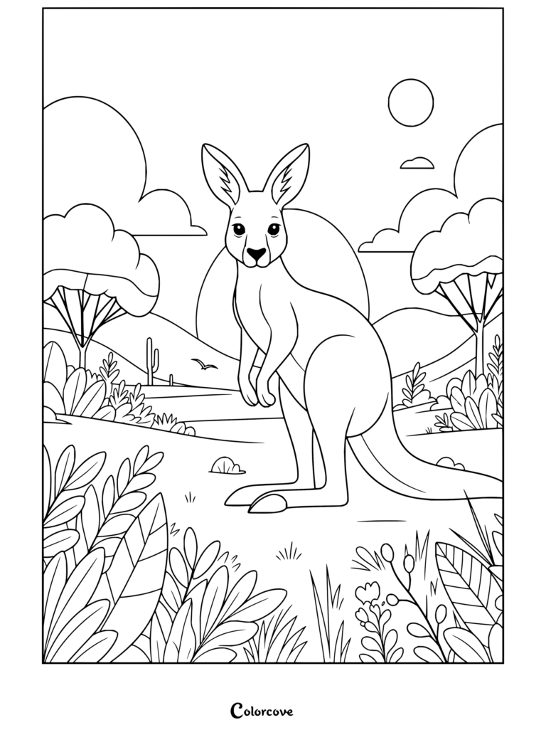 Dibujo para colorear de un canguro en el paisaje del Outback australiano, con un simpático canguro entre matorrales autóctonos, árboles, colinas y un cielo soleado.
